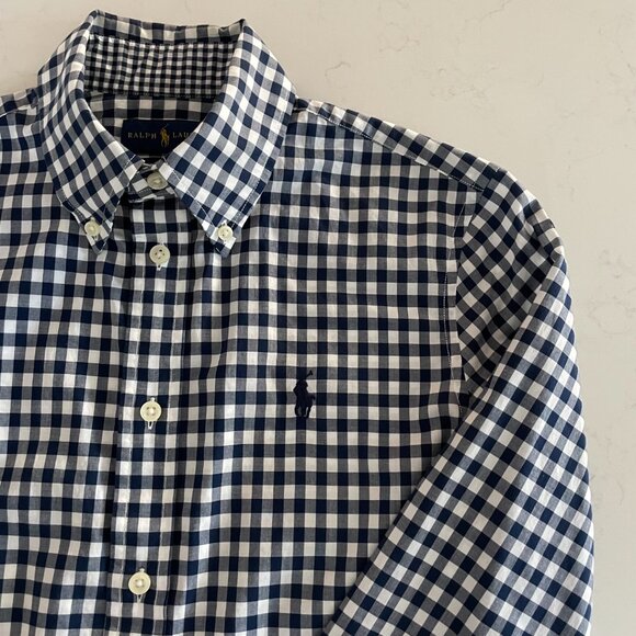 Ralph Lauren Blue Label Slim Fit LS Button Down Cotton Check Shirt Navy Wht Sz 2 - Picture 5 of 14